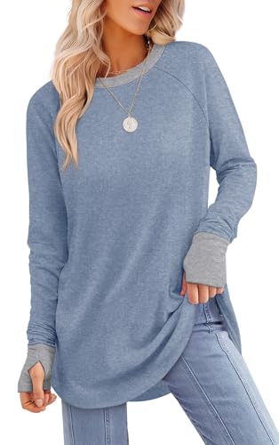Image of XIEERDUO Womens Tunic Tops to Wear with Leggings Long Sleeve Thumb Hole Shirts Crew Neck Curved Hem