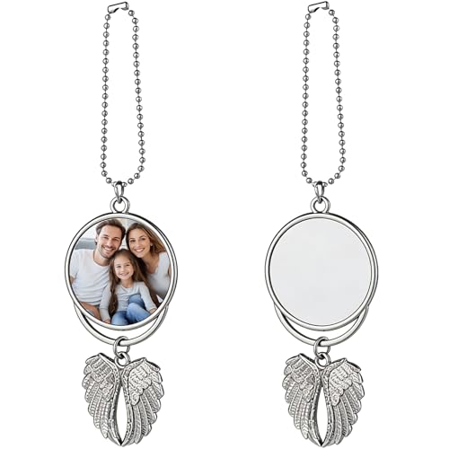 Image of OMISTAR 2 Pcs Sublimation Keychain Blanks, Angel Wing Car Charm, DIY Custom Photo Rearview Mirror Car Charm, Metal Round Key Rings Blanks, 6.3 x 1.38 in, Silver