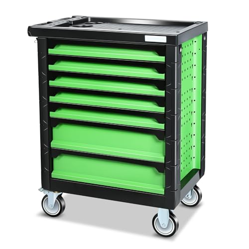 Universal Green 7 Drawer Plastic Top Tray Powder-Coated Steel Roller Cabinet for Garage Warehouse Home Office Workshop Repair Tools