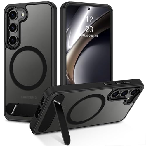 GUAGUA Funda Magnética para Samsung Galaxy S23 con Soporte, Compatible con MagSafe, Carcasa Protectora Antigolpes Translúcida Mate Trasera Antideslizante Robusta TPU Anti-Amarilleo Case, Negro