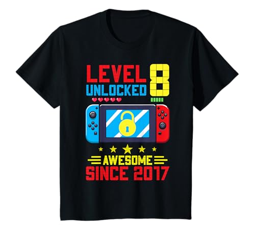 Level 8 Unlocked 8 years old gifts video gamer 8th birthday T-Shirt