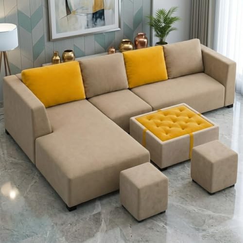 Image of FURNY Olympus 8 Seater LHS L Shape Sofa Set | Plush Velvet Suede Fabric | Modern Design | Soft Comfort Dual Color Cushions for Living Room, Office & Hotels (Beige-Yellow)