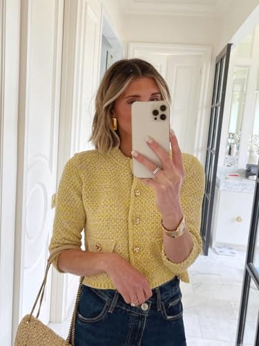 GORGLITTER Women's 3/4 Sleeve Cardigans Tweed Button Up Short Cardigan Sweaters Trendy Fall Outfits 2025 Dressy Casual4