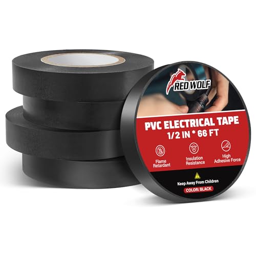 Image of RED WOLF Electrical PVC Tape 5 Packs 1 /2 inch x 66FT Acrylates Copolymer Viscosity Flexibility Electric Tape, Flame Retardant Waterproof 1000 Volt for Auto Engine Industrial Wrapping Wiring Harness