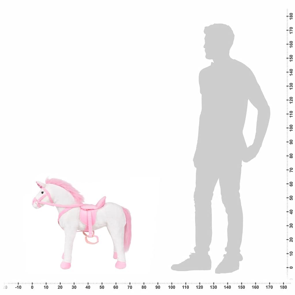 Plueschtier Einhorn stehend weiss rosa XXL mit Sound Funktion, Sattel und Zuegel, 71 x 62 cm, belastbar bis 100 kg, fuer Kinder ab 36 Monaten, Kuscheltier fuer Rollenspiel