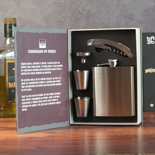 Kit para Whisky com 5 Peças, Estojo Livro em MDF, Cantil 236ml Aço Inox, Copos Dosadores, Funil, Abridor e Canivete