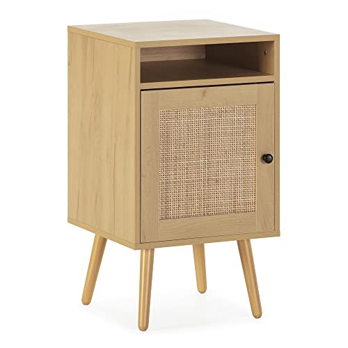 HOMN LIVING Mesita de Noche Bella 1 Puerta Color Roble, ratán Natural, 40 cm (Ancho) 39 cm (Profundo) 70 cm (Altura)