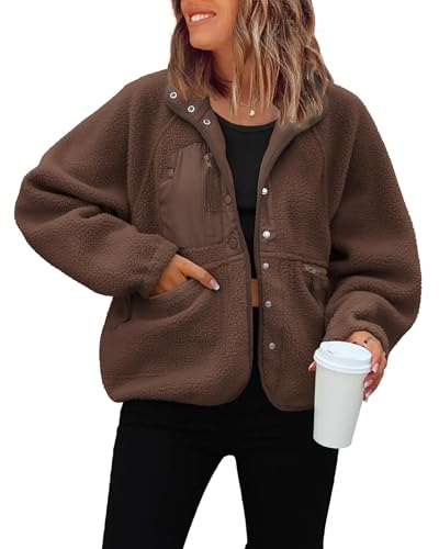 ReachMe Womens Fleece Jacket Cropped Sherpa Jackets Button Down Fuzzy Coats 2025 Winter Clothing Vacation Outfits(0 Red Brown,L)