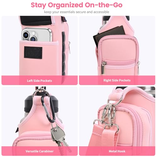 Image of icolor Gym Magnetic Bag Water Bottle Holder Gym Bottle Carrier Bag with Phone Pockets & Handle Shoulder Strap Gym Accessories Organizer for Women,5 Built-in Magnets Gym Bag Pouch Sleeve (Pink)