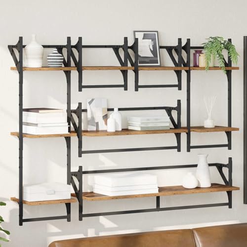 Drainlyn Juego de 6 estantes de pared de madera recuperada de 100 x 25 x 30 cm, marco de metal, estantería flotante, para salón, decoración, almacenamiento, interior, 6 estantes