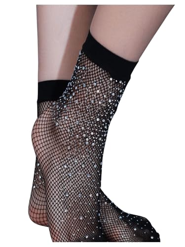 SHENHE Women's Sheer Fishnet Rhinestone Hollow Out Thin Mid Calf Anklet Crew Socks4