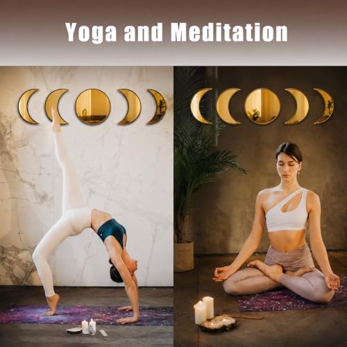 Image of Moon Phase Wall Decor with Black Laminated Pine Wood Frame & Golden Acrylic Mirror | Boho Celestial Wall Art for Living Room, Bedroom, Yoga & Meditation Room