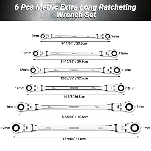 Dekopro Extra Long Flex-Head Ratcheting Wrench Set Box End Ratchet Wrenches Set 6 Pcs Metric 8-19Mm 72-Tooth Cr-V Long Wrench #TOP1