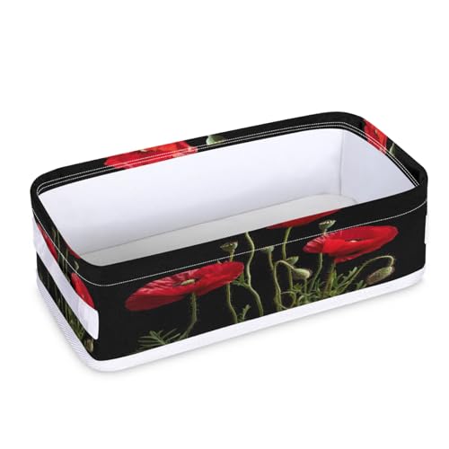 Tablerazzi Toilet Tank Topper Paper Basket with Handle, Poppy Bathroom Storage Basket for Organizing, Red Flower Small Fabric Storage Bins for Bathroom Decor