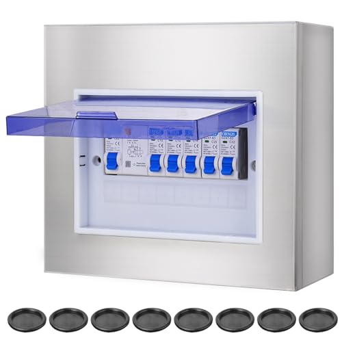 CHENGPI Armario Electrico de Acero Inoxidable 304,Caja Distribucion Electrica Montada En Superficie, Cuadro Electrico Premontado con Interruptor,Caja de Distribución Impermeable IP44|8 Módulos