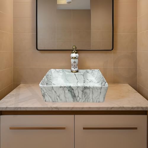 Image of Artiva Designer Ceramic Table Top Wash Basin For Bathroom /Wall Mounted Bathroom Sink /Wall Hung Washbasin /White Wash Basin For Cabinet, Countertop, Vanity (Statuario White 16 x 12 x 5 Inch)