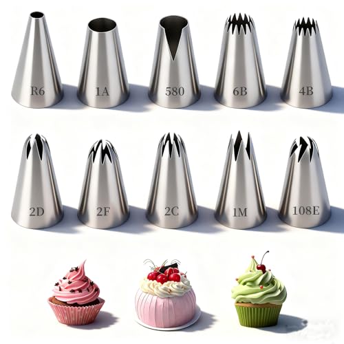 HAPPOW Juego de 10 boquillas de manga pastelera de acero inoxidable 304, modelos 1M/1A/2D/580/108E/2F/R6/6B/2C/4B, boquillas para manga pastelera, apto para pistolas de crema y mangas pasteleras
