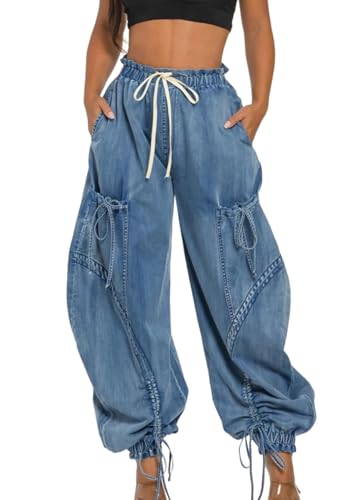LETSVDO Women's Baggy Cargo Jogger Jeans High Waisted Wide Leg Drawstring Bow Pockets Loose Harem Denim Pant Sweatpants