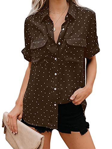 Beautife Womens Short Sleeve Shirts V Neck Collared Button Down Polka Dot Tops with Pockets Brown