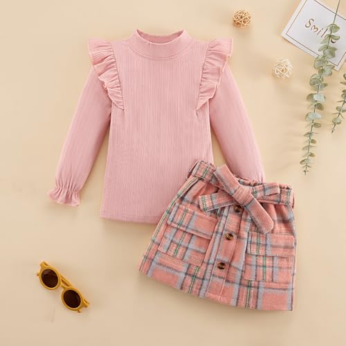 Image of Weixinbuy Toddler Girl Fall Winter Clothes Solid Long Sleeve Ribbed T-Shirt Knit Tops Plaid Button Mini Skirts Set Outfits