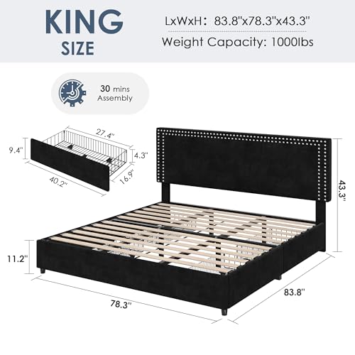 Image of VECELO King Size Upholstered Bed Frame with 4 Storage Drawers, Adjustable Velvet Rivet Decor Headboard, Wooden Slats Platform Support, No Box Spring Needed, Easy Assembly,Black