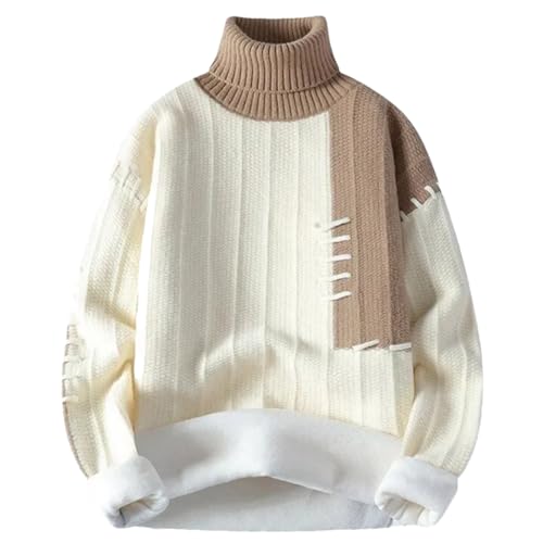 Men Fleece Turtleneck Sweater Patchwork Warm Knitted Jumpers Casual Knit Thick Sweaters