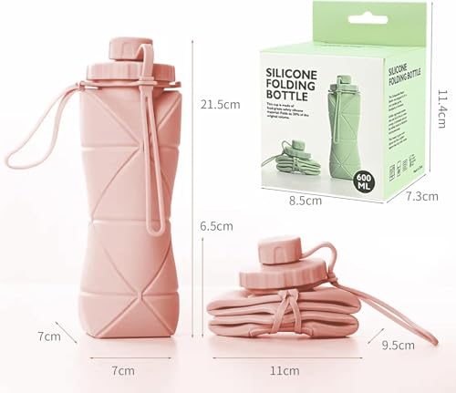 Image of Silicone Folding Water Bottle 600ML for Travel, Gym, Office, School - Food Grade, Leakproof, Lightweight & Reusable | Portable Collapsible Bottle for Men & Women (Pink)