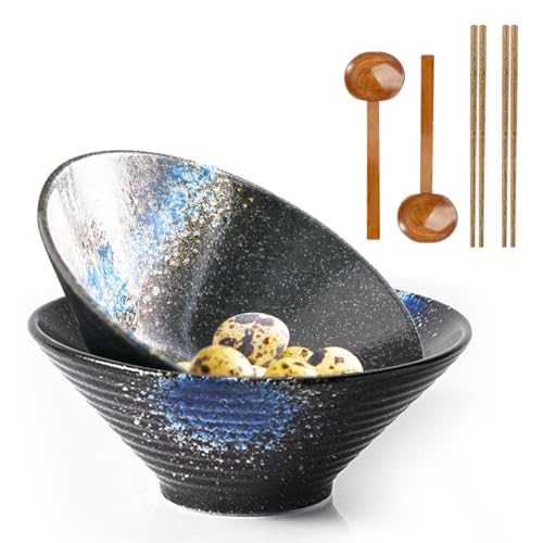 feyiubmen Ramen Cuenco de Cerámica, 2 Juegos Ramen Bowl con Cuchara y Palillos Antideslizante Tazón Japonés Vajilla para Ramen, Ensalada, Muesli, 1000 ml, 20 x 20 x 8 cm