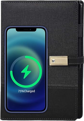 Leicke Cuaderno multifuncional con cargador inalámbrico, banco de energía digital Qi integrado, agenda A5 rellenable, cuaderno inteligente con disco flash USB