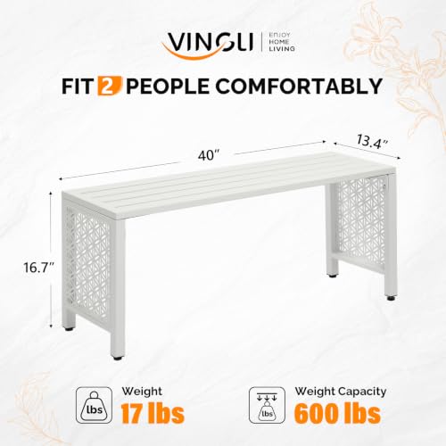 Image of VINGLI 40in Outdoor Metal Bench, All-Weathe Backless Patio Bench with Slatted Seat＆Floral Side Panels, Rust-Resistant Garden Bench, Weatherproof Outdoor Seating for Porch Entryway Backyard (White)