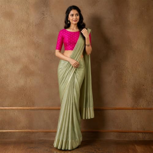 Image of Studio Shringaar Women Cotton Silk Silky Brocade Readymade Elbow Length Sleeves Saree Blouse Choli