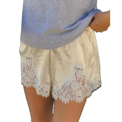 Satin Silk Boxers Shorts for Women Y2k Lace Trim Micro Mini Pajama Shorts Knickers Low Rise Lounge Slip Pj Bottoms (Lace Hem Champagne, S)