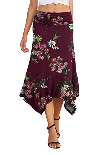 PrinStory Summer Skirt Elegant Flowy Handkerchief Hemline Midi Skirt for Women Print Wine Red XX-Large