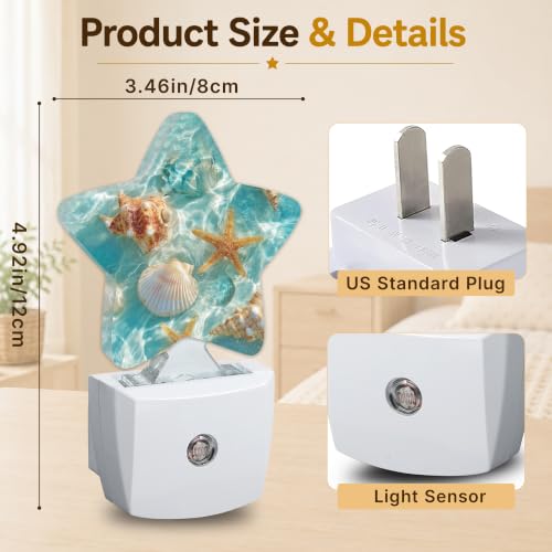 Image of Ocean Beach Starfish Seashells Star Night Light Plug in, Soft Glow Night Light for Kids Bedroom Nursery, Gentle Warm Light for Sleep, Compact Lamp for Hallway Bathroom