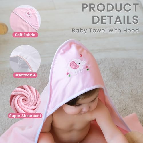 Image of Softan Baby Hooded Towels and Washcloths Set 6 Pack, 28x28 Ultra Soft & Absorbent Baby Bath Towels for Newborn Infant Toddler, Unisex Boys Girls (Pink Elephant)