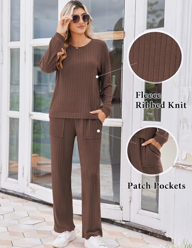 Ekouaer Womens Pajama Sets 2 Piece Ribbed Knit Lounge Sets Long Sleeve Pjs Soft Sleepwear Fall Outfits with Patch Pockets3