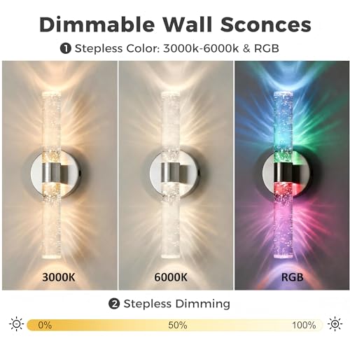 Image of DORESshop Battery Operated Wall Sconces Set of 2, 10000mAh Rechargeable Wall Sconce with Bubble Crystal, 9 Color Dimmable Wireless Wall Sconce, Sconce Wall Decor for Living Room, Bedroom, Nickel 18in