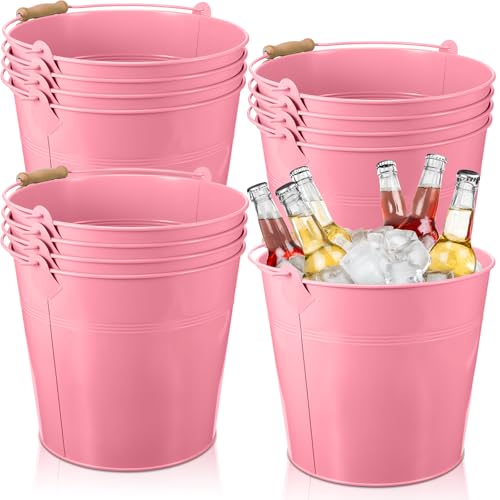 Image of Didaey 12 Pcs 9 Quart Large Galvanized Metal Buckets with Handle Inch Heavy Duty Stainless Steel Pails Round Pail for Party Wedding, Crafts, Utensils, Table Centerpieces (Pink)