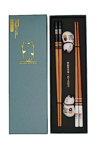 Sushi Essstäbchen Set Katze Kätzchen 2 Paar inklusive Keramik-Unterleger Cat Premium Holz Nachhaltig Chopsticks Japanisch Chinesisch Koreanisch...