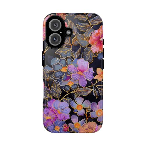 Coque rigide iPhone 16 motif floral noir brillante contre les rayures