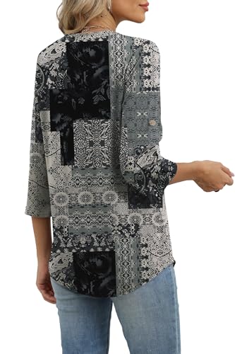 Image of XIEERDUO 3 /4 Length Sleeve Womens Tops V Neck T Shirts Both Side Buttons Blouses Business Casual Outfits Loose Fit