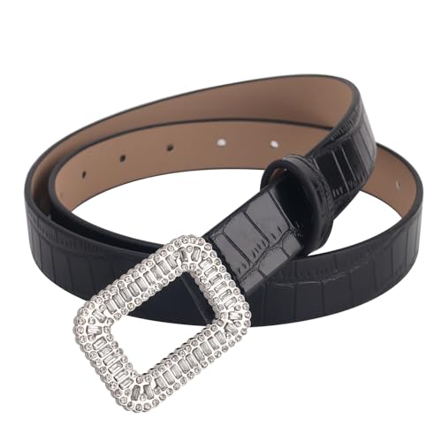 Women's Leather Belt Casual Fashion Waist Belt with Silver Square Diamond Buckle for Jeans Pants Dress2