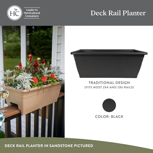 The HC Companies Deck Railing Planter Box w/Removable Drain Plugs - Lightweight & Weatherproof Plastic Flower Box - Balcony Planters for Railing and Fence (24”, Black)
