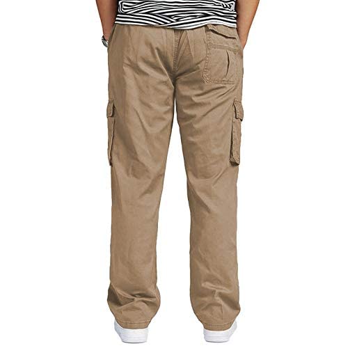 Image of REOUTLOOK Men's Regular‑Fit Cotton Cargo Pants - Elastic Drawstring Waist, 5 Pockets, Breathable Everyday Casual Trousers