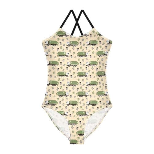 senya Girls Swimsuits One-Piece Swimwear Tie Bathing Suit Beach Summer Round Neck 3T Garbage Truck