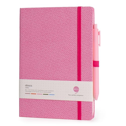 Image of COMMA Abaca - A5 Size - Dot Grid Hard Bound Notebook with Pen & Elastic Band Closure - 192 Pages - 80gsm Natural Shade Paper - Textured Cover Material - (Pink)