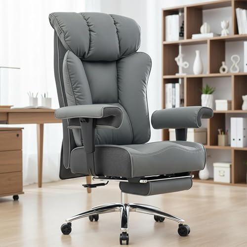 Image of Efomao Ergonomic Office Chair 450LBS with Foot Rest, High Back PU Leather Executive Office Chair with Adjustable Armrests, Lumbar Support for Home or Work, Computer Chair, Grey