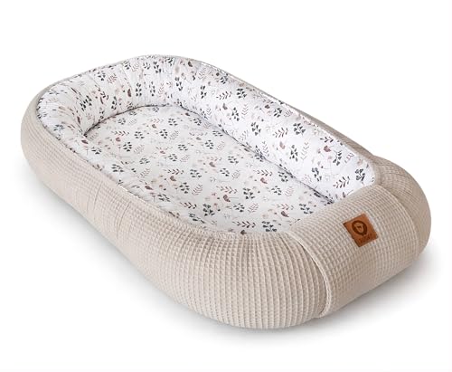 Babynestchen Neugeborene – Nestchen Baby aus Waffel Baumwolle & Baumwollstoff – Babynest für Babybett & Kinderbett – Baby Kokon Tragbar – OEKO-TEX zertifiziert – Zubehör für Babybett - Zweige und Sand