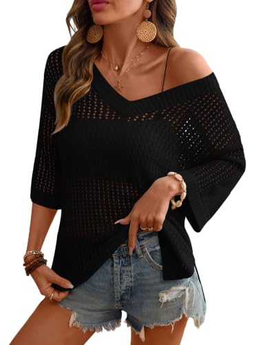 Image of Rapbin Women's Crochet V Neck Beach Cover Up 3 /4 Sleeve Hollow Out Knitted Pullover Sweater