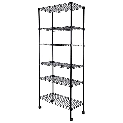 HealSmart Heavy Duty 6-Shelf Shelving, 29.92'' D x 13.98'' W x 71.65'' H Adjustable Wire Shelving with Hanging Hooks and Wheels, Black Cover